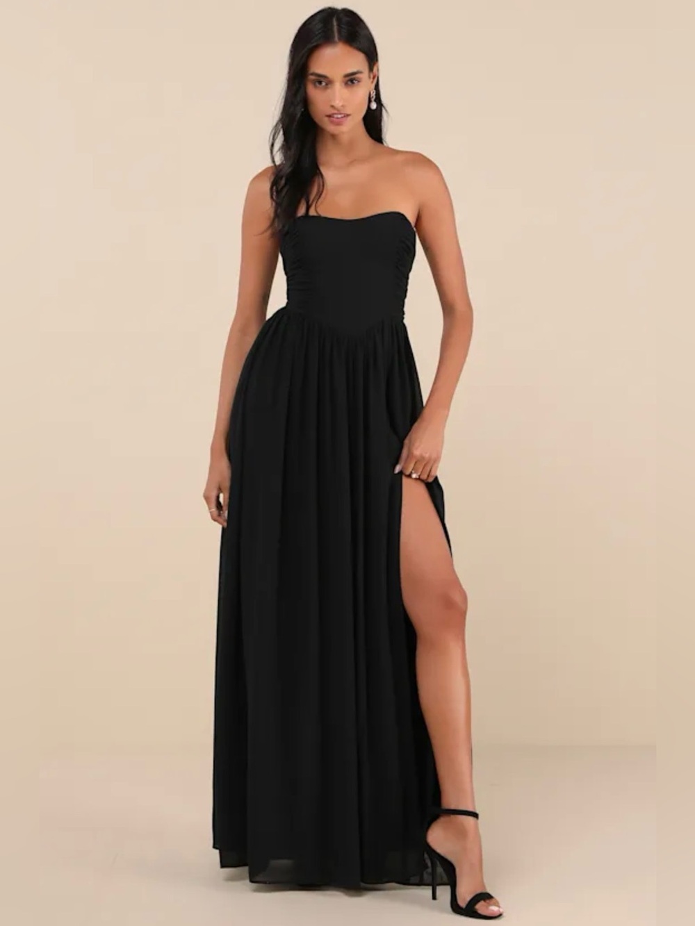 Lulus Luxe Favorite Black Strapless Ruched Maxi Dress S NWT